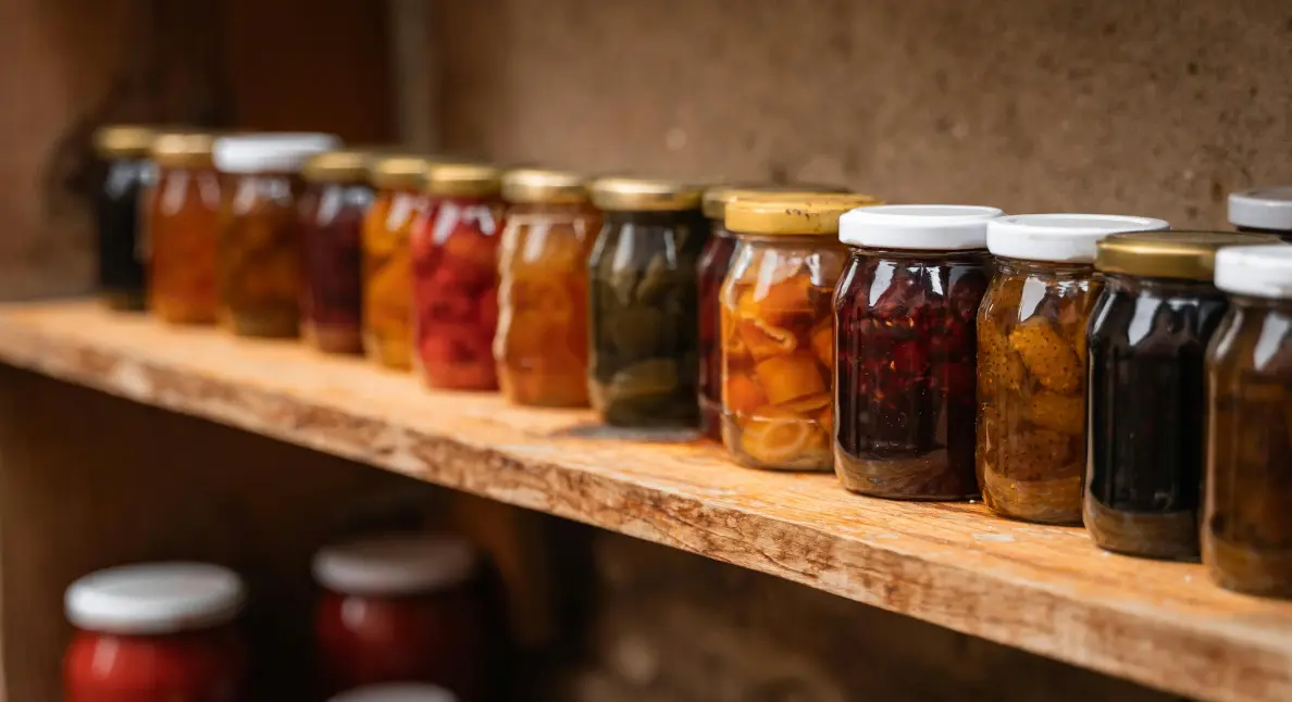 Artisan jam and pickled fruits arranged in glass jars on rustic wooden shelving.