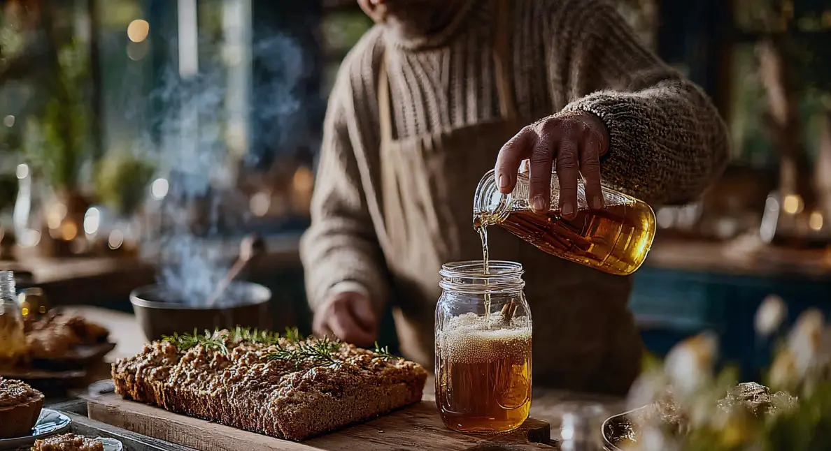Artisanal food movement shown by a person pouring homemade cider beside freshly baked rosemary bread in a rustic kitchen.