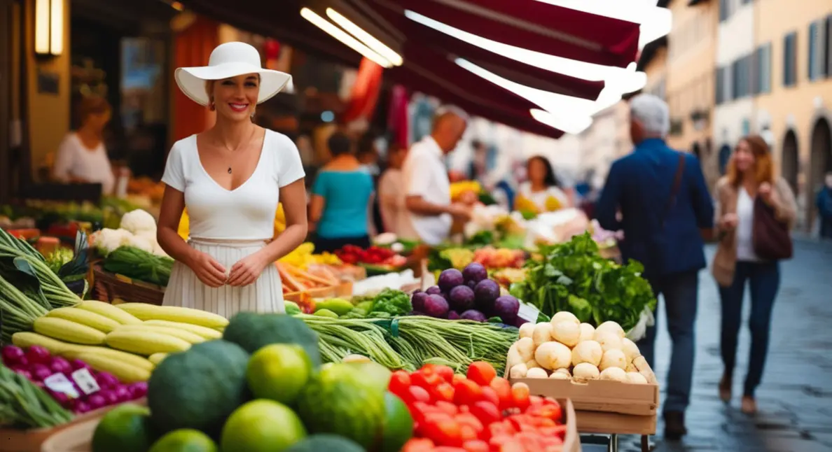 Local food producers selling fresh vegetables and fruits at an outdoor street market, with a smiling vendor standing beside colorful seasonal produce displays.