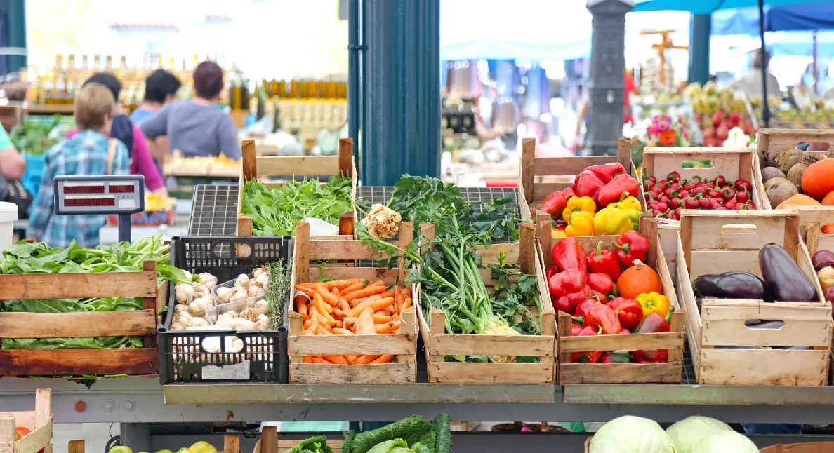 Local businesses offer a wide variety of fresh vegetables arranged in wooden crates at a city market.