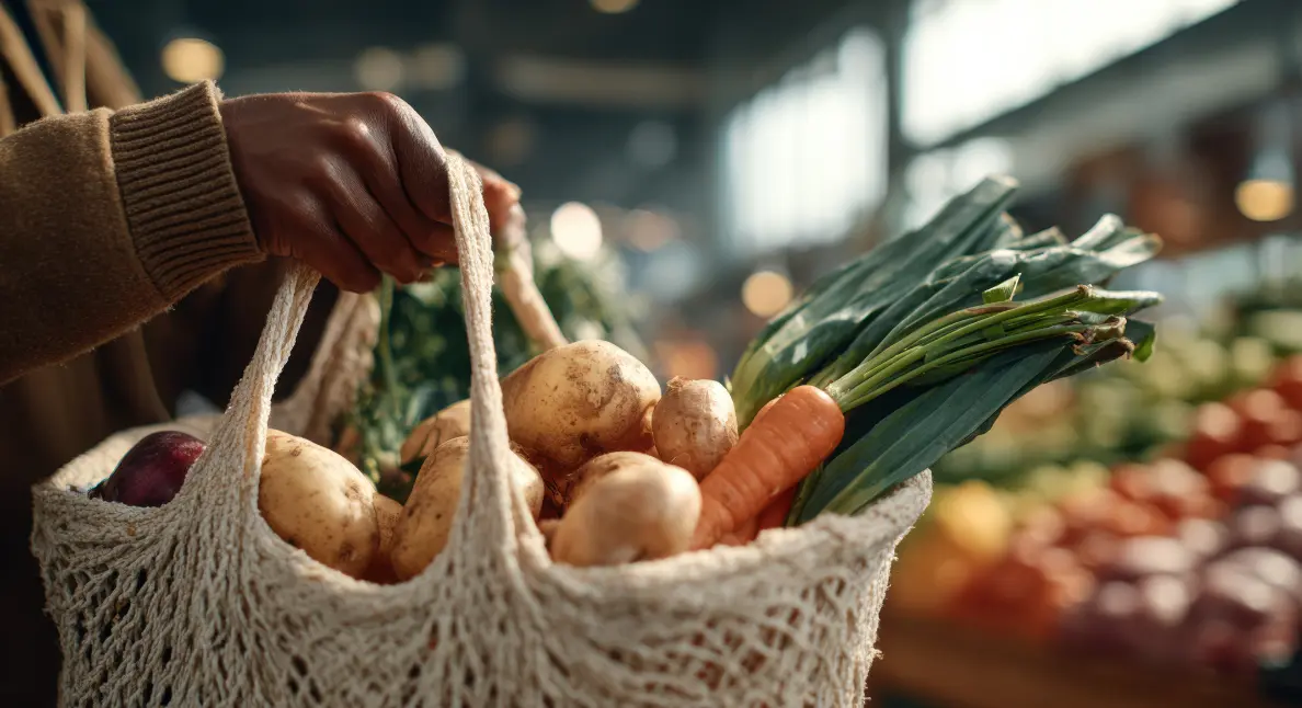 Locally sourced products carried in a reusable mesh bag filled with fresh potatoes, carrots, and green onions.