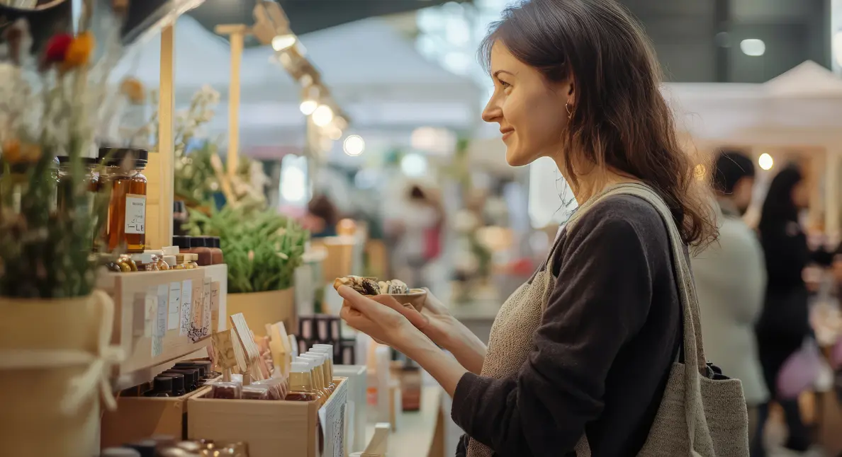Small-batch food producers selling handmade natural products at an outdoor market stall with jars, herbs, and soaps on display.