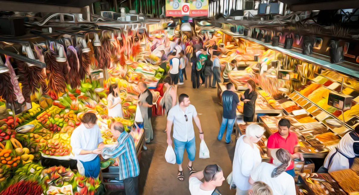 Sustainable food choices available at a bustling indoor market filled with fresh produce and spices.