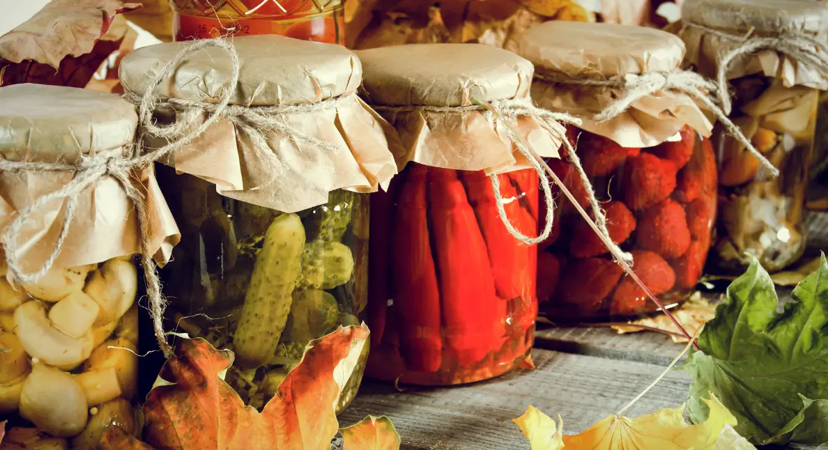 Sustainable products like pickled vegetables and fruits preserved in reusable glass jars with paper tops.
