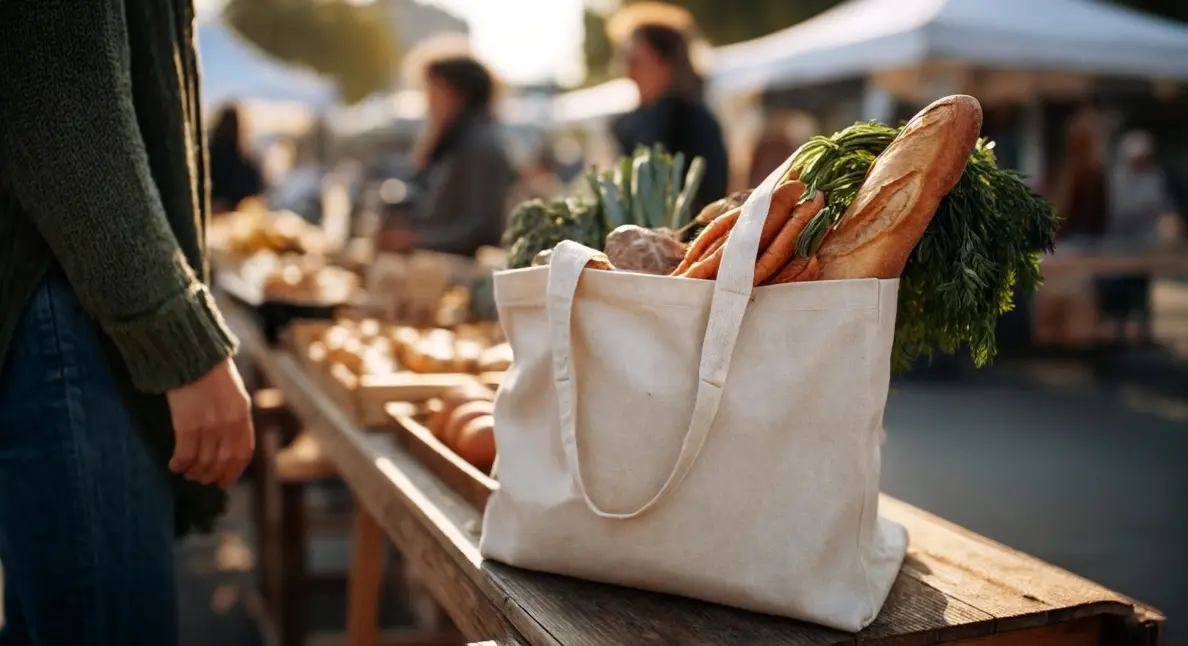 Artisan bread loaves stacked at a bustling market stall with handwritten labels.
