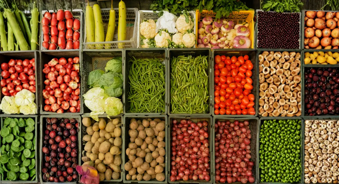 A vibrant overhead display of neatly sorted organic produce including tomatoes, green beans, potatoes, and cauliflower in wooden crates. A vibrant overhead display of neatly sorted organic produce including tomatoes, green beans, potatoes, and cauliflower in wooden crates.