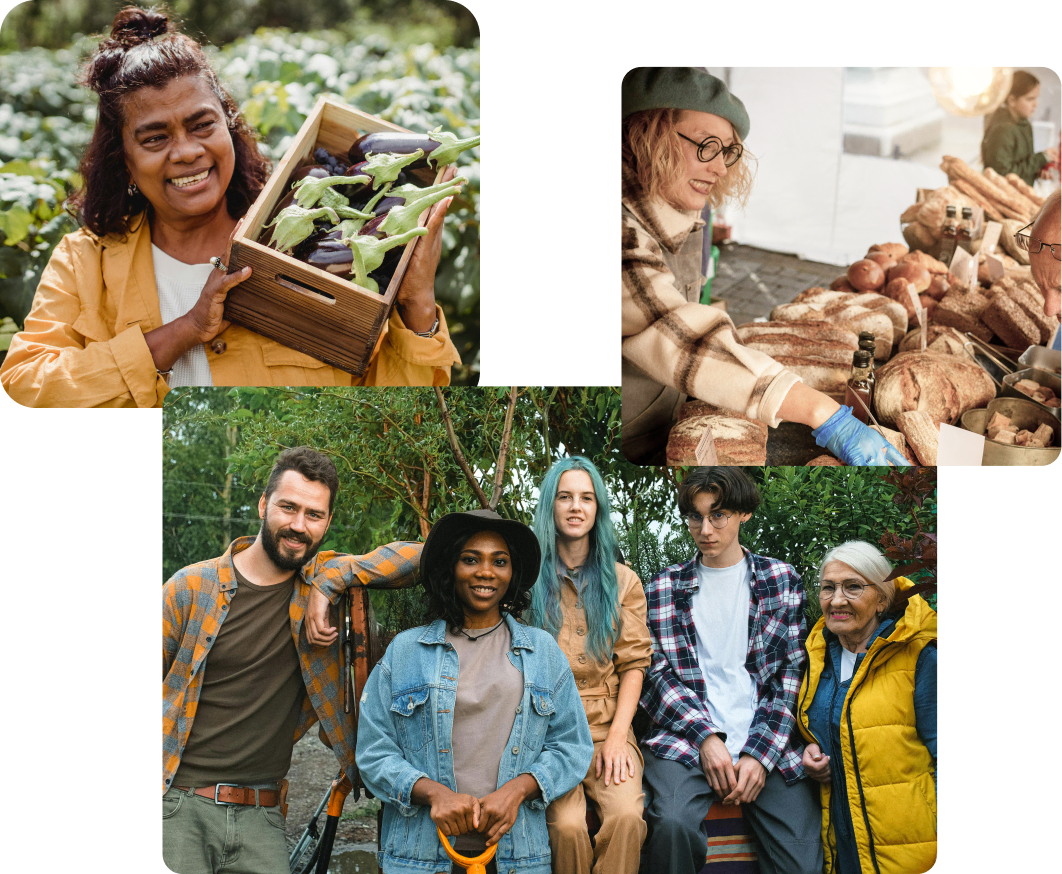 Collage of local producers handling their products and posing for the camera.