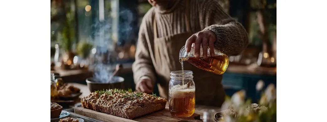 Artisanal food movement shown by a person pouring homemade cider beside freshly baked rosemary bread in a rustic kitchen.