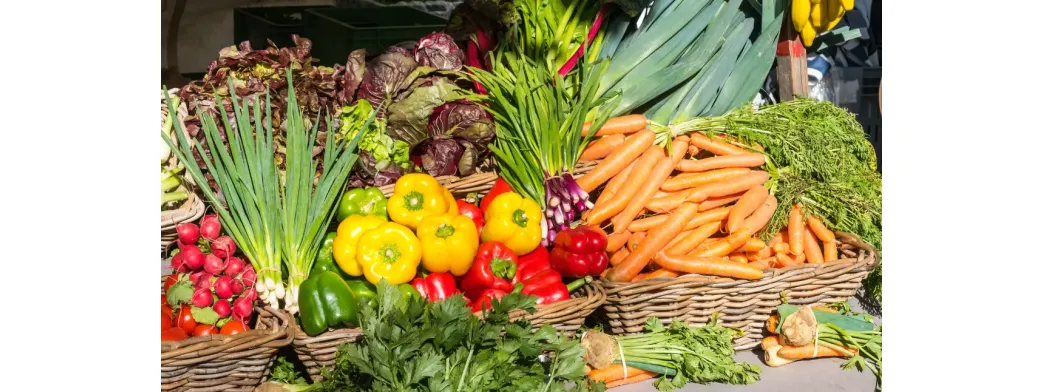 Local food sourcing displayed with fresh carrots, peppers, onions, radishes, and leafy greens in baskets at an outdoor market.