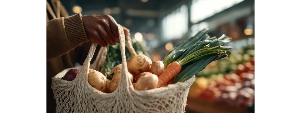 Locally sourced products carried in a reusable mesh bag filled with fresh potatoes, carrots, and green onions.