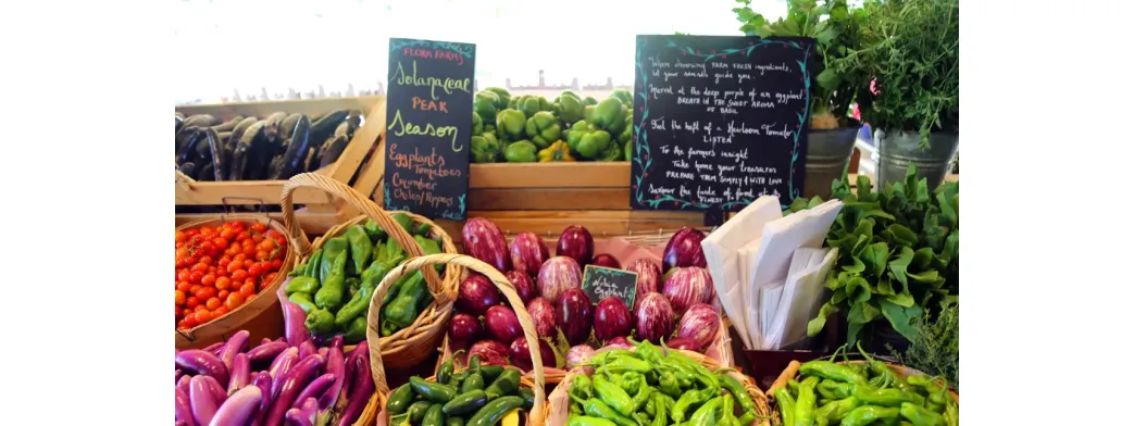 Organic food markets offering fresh eggplants, peppers, tomatoes, and leafy greens in baskets with handwritten signs.