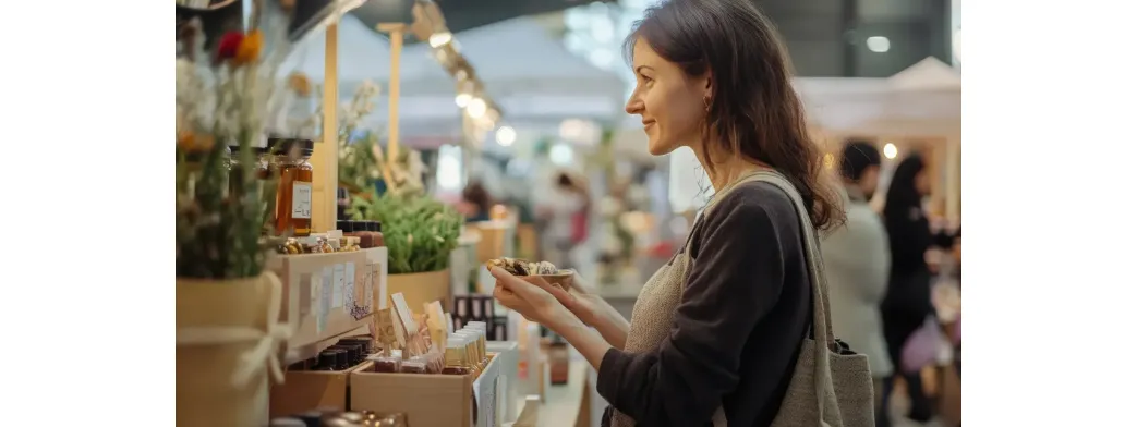 Small-batch food producers selling handmade natural products at an outdoor market stall with jars, herbs, and soaps on display.