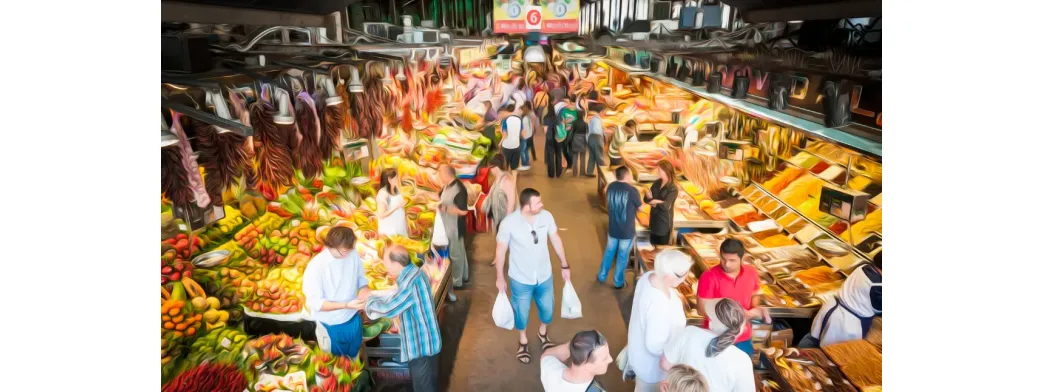Sustainable food choices available at a bustling indoor market filled with fresh produce and spices.