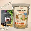Whole grain smoothie blend GrainBooster shown with a smoothie recipe book featuring berry drinks on the cover.