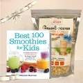 Whole grain GrainBooster smoothie mix paired with Best 100 Smoothies for Kids recipe book for healthy blends.