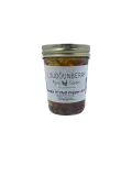 Pepper jam jar from Loudounberry Farm, with visible pepper chunks and a simple white label and gold lid.