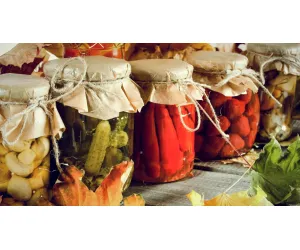 Sustainable products like pickled vegetables and fruits preserved in reusable glass jars with paper tops.
