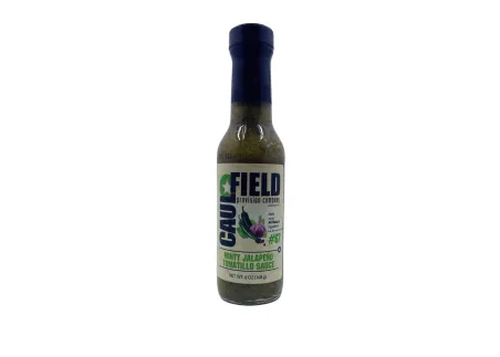 Jalapeno sauce bottle from Caufield with a green blend and bold label design featuring tomatillo and herbs.