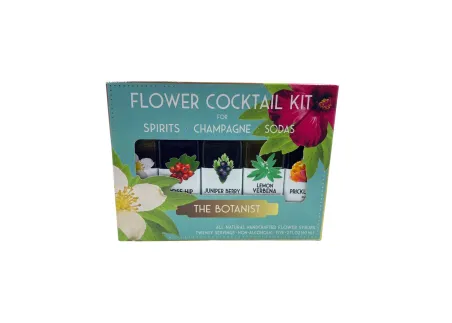 Flower syrup bottle labeled as “Flower Cocktail Kit” by Caufield, featuring floral-infused heat in a glass container.