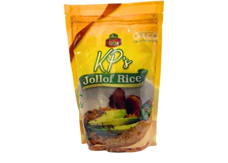 Jollof rice packaged meal in a resealable bag with rich imagery of a prepared rice dish.