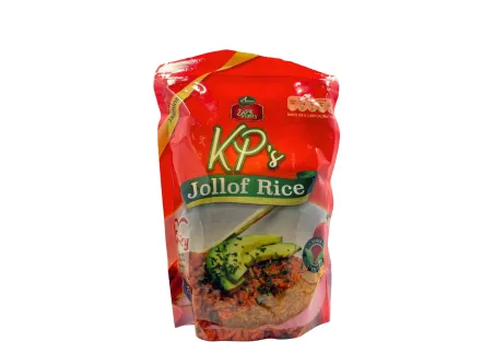 Jollof rice in KP’s resealable pouch featuring vibrant packaging and a serving suggestion on the front.