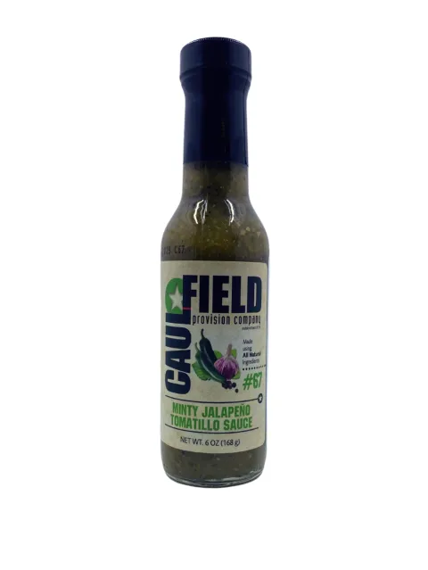 Jalapeno sauce bottle from Caufield with a green blend and bold label design featuring tomatillo and herbs.