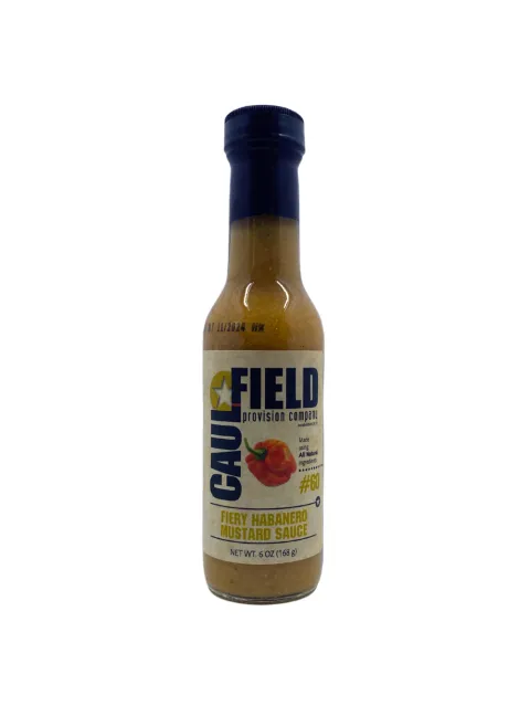 Habanero mustard sauce bottle from Caufield featuring bold labeling and a golden-yellow spicy blend.