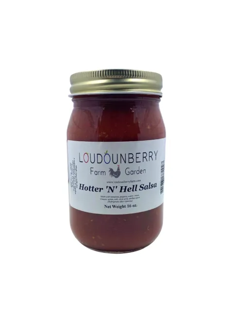 Salsa jar labeled “Hotter ‘N’ Hell” from Loudounberry Farm, featuring bold red color and gold lid.