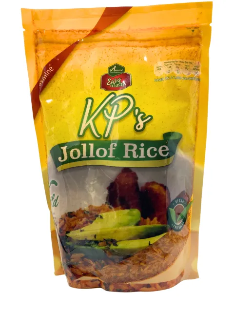 Jollof rice packaged meal in a resealable bag with rich imagery of a prepared rice dish.