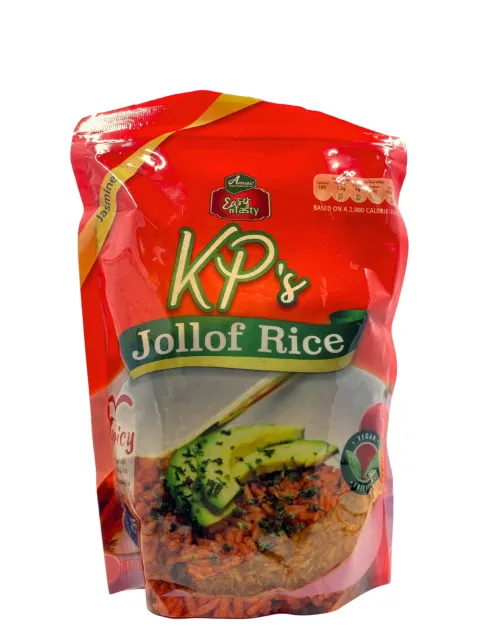 Jollof rice in KP’s resealable pouch featuring vibrant packaging and a serving suggestion on the front.
